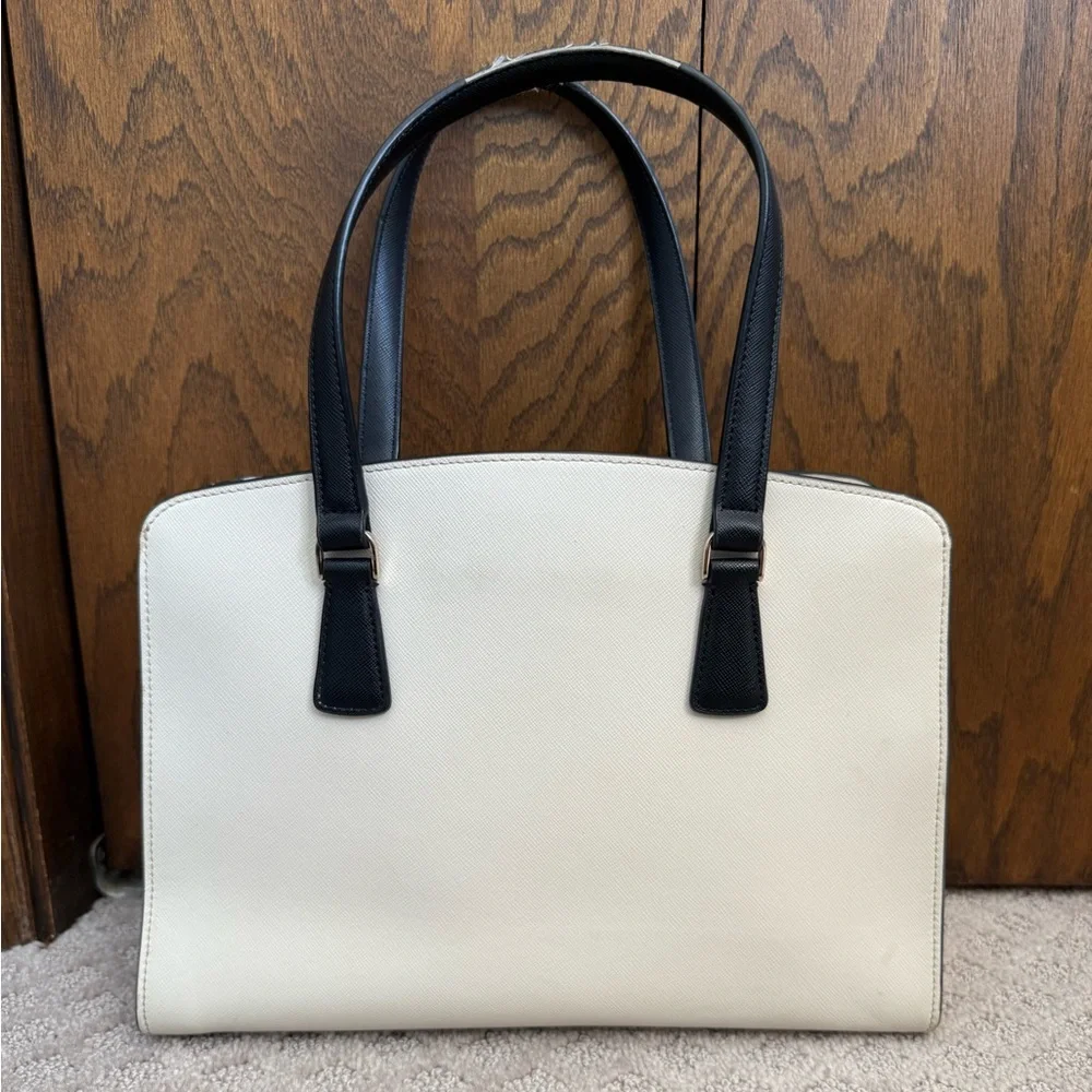 Kate Spade Perry Medium Satchel Bag Warm Beige Saffiano Leather Black Straps